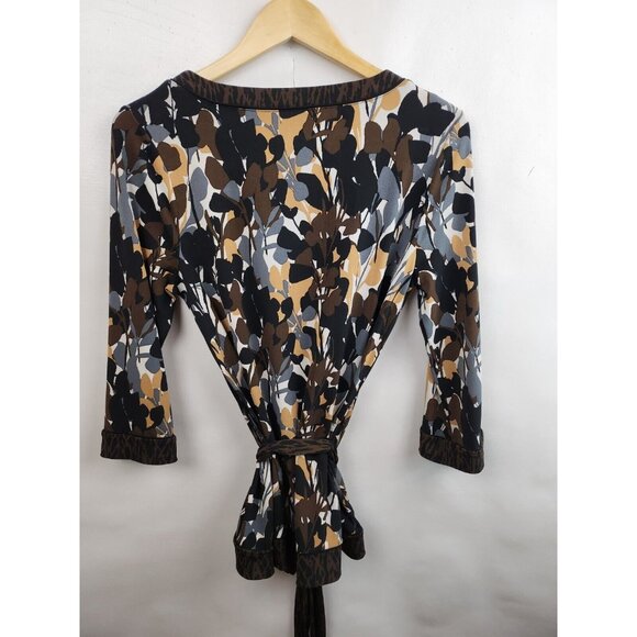 Dana Buchman Womens Top Medium Brown Black Abstract Belted Stretch 3/4 Sleeve - Picture 8 of 9